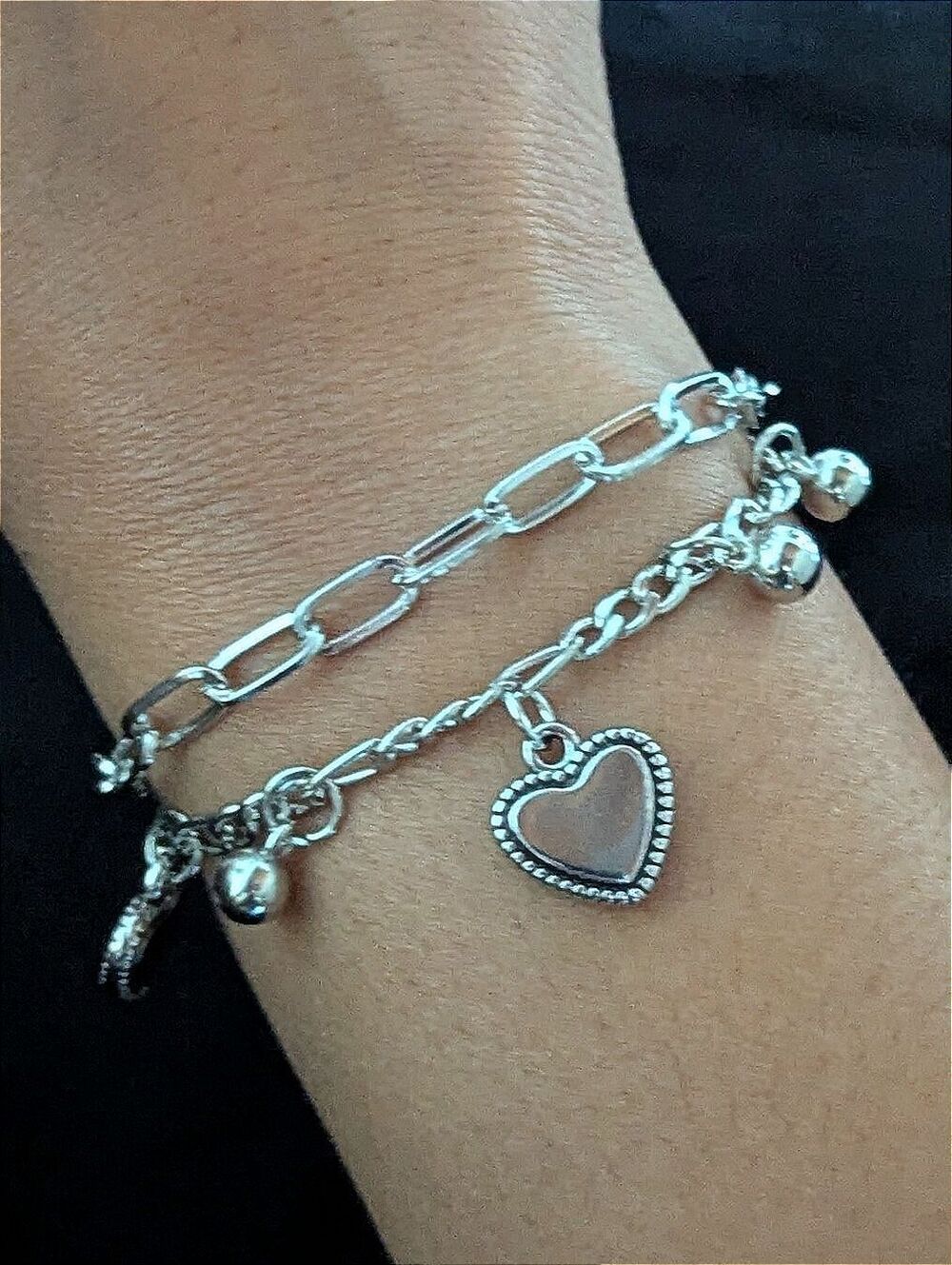 Silver Heart Charm Layered Bracelet Double Chain Stainless Steel Fashion Love